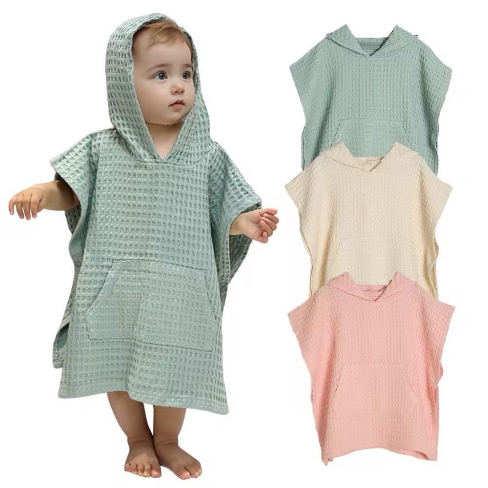 Organic Cotton Waffle Kids Poncho Hooded Towel: Pool, Beach, Bathroom GREEN